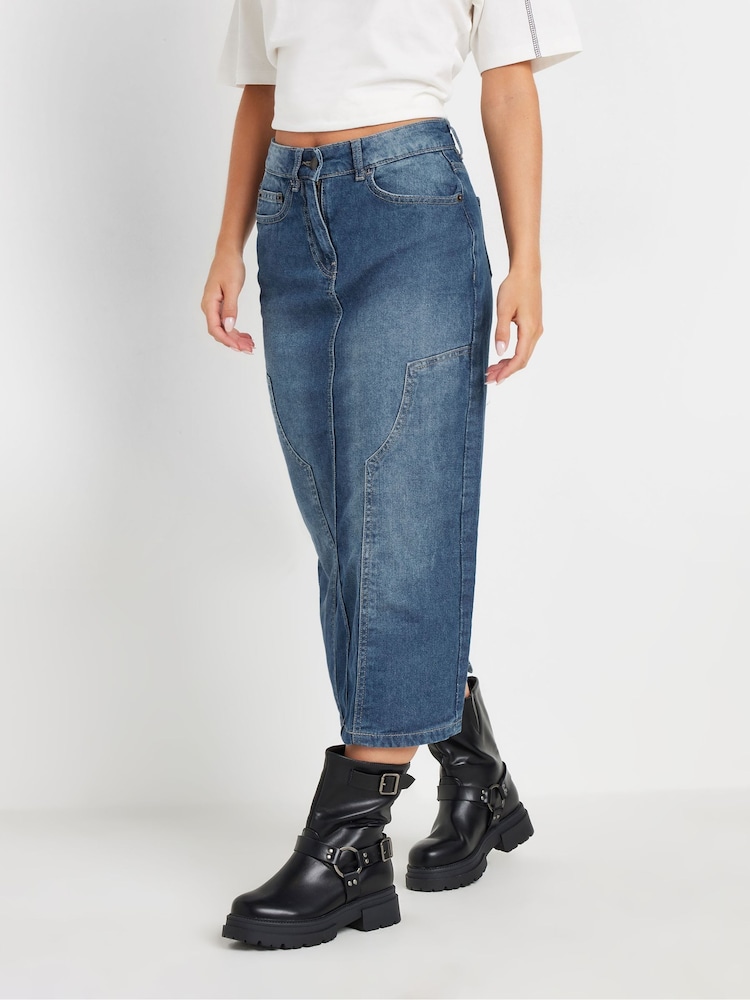 PixieGirl Petite Blue 100% Cotton Panel Midi Denim Skirt - Image 2 of 5