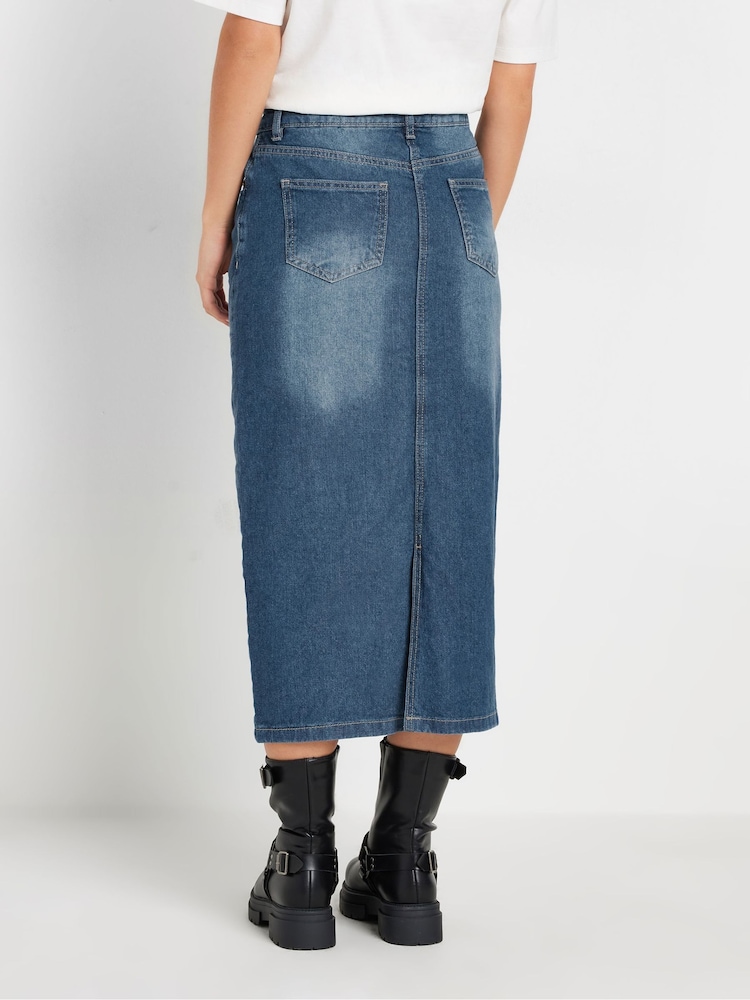PixieGirl Petite Blue 100% Cotton Panel Midi Denim Skirt - Image 3 of 5
