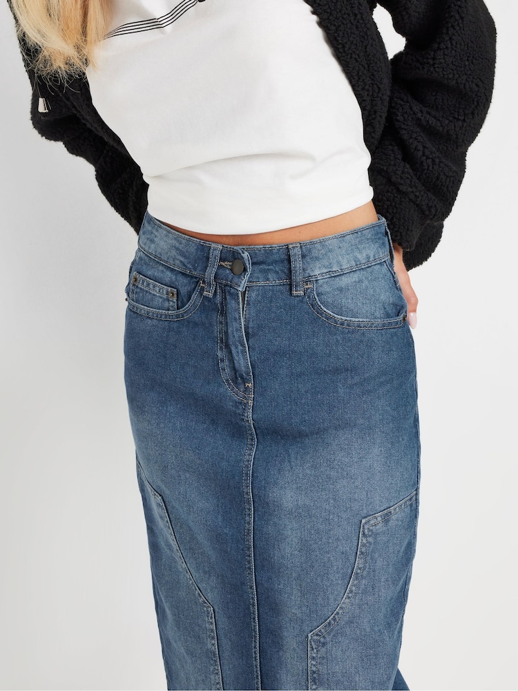 PixieGirl Petite Blue 100% Cotton Panel Midi Denim Skirt - Image 4 of 5