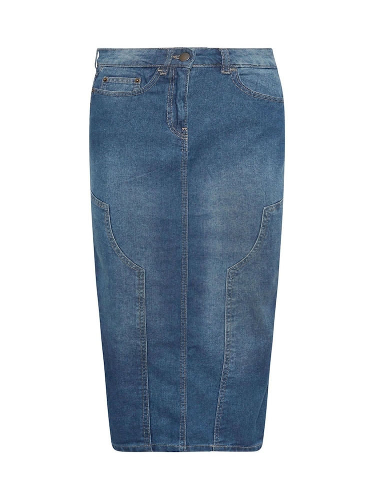 PixieGirl Petite Blue 100% Cotton Panel Midi Denim Skirt - Image 5 of 5