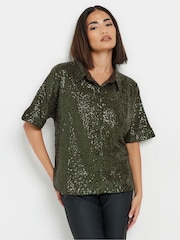 PixieGirl Petite Green Short Sleeve Sequin Shirt - Image 1 of 5