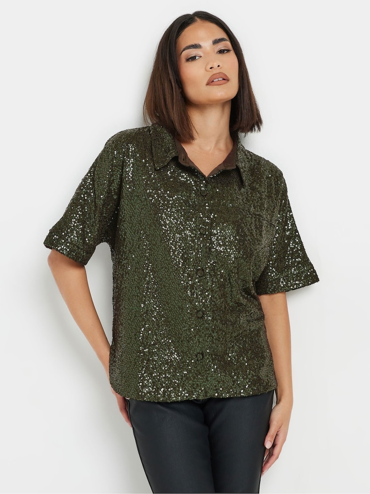 PixieGirl Petite Green Short Sleeve Sequin Shirt - Image 1 of 5