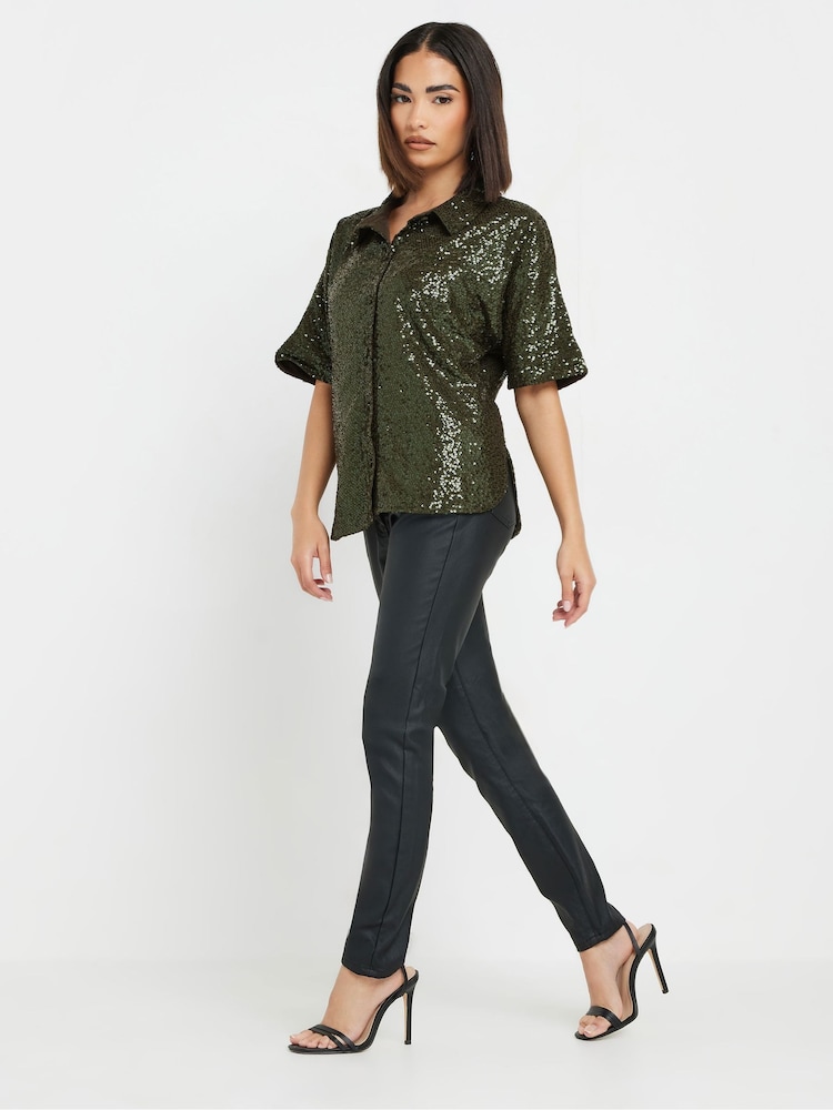 PixieGirl Petite Green Short Sleeve Sequin Shirt - Image 2 of 5
