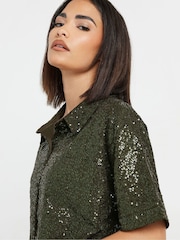 PixieGirl Petite Green Short Sleeve Sequin Shirt - Image 4 of 5