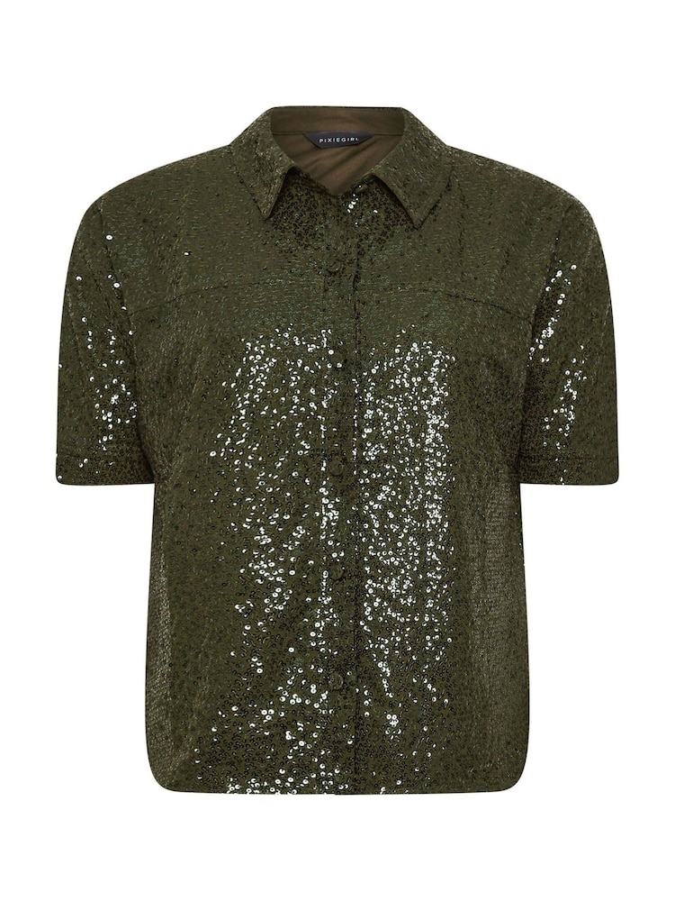 PixieGirl Petite Green Short Sleeve Sequin Shirt - Image 5 of 5