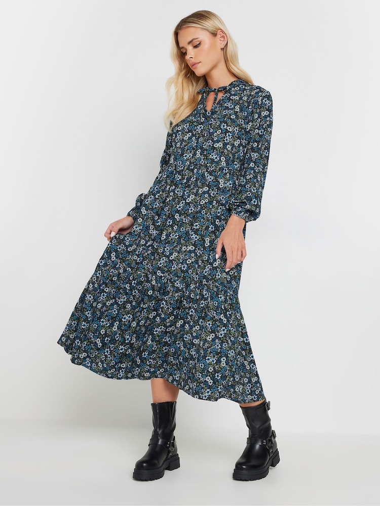 PixieGirl Petite Green Floral Tie Neck Midi Dress - Image 1 of 5