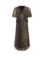 PixieGirl Petite Brown Animal Mesh Frill Midi Dress - Image 5 of 5