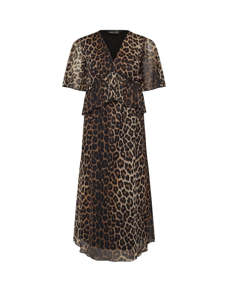 PixieGirl Petite Brown Animal Mesh Frill Midi Dress - Image 5 of 5