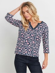 M&Co Blue Petite Lace Trim 100% Cotton Top - Image 1 of 5