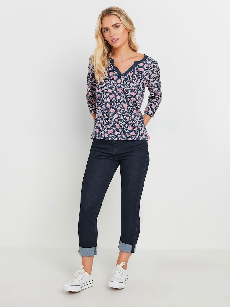 M&Co Blue Petite Lace Trim 100% Cotton Top - Image 2 of 5