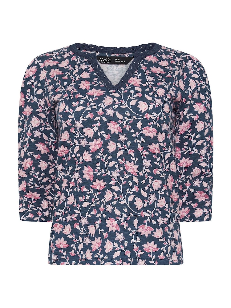 M&Co Blue Petite Lace Trim 100% Cotton Top - Image 5 of 5
