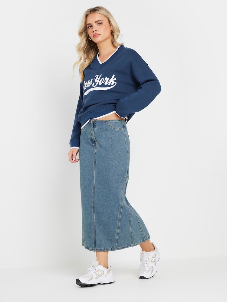 PixieGirl Petite Blue Seam Detail 100% Cotton Midi Skirt - Image 2 of 5