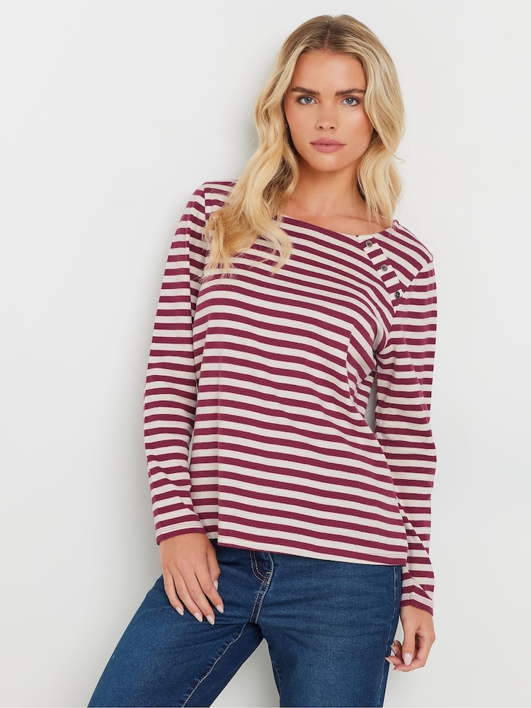M&Co Purple Petite Stripe 3/4 Crew Neck 100% Cotton Top - Image 1 of 5