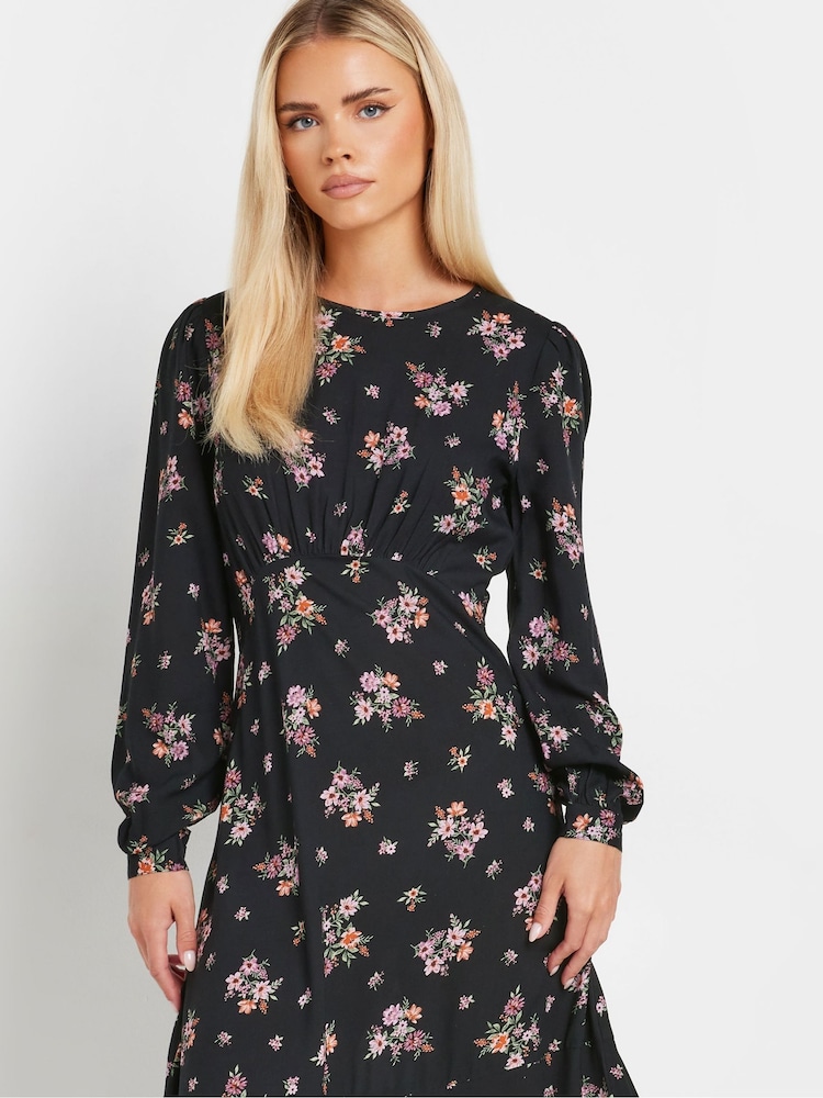 PixieGirl Petite Black Floral Bunch Midi Dress - Image 2 of 5