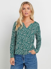 M&Co Green Petite Ditsy Notch Neck 100% Cotton Top - Image 1 of 5