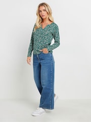 M&Co Green Petite Ditsy Notch Neck 100% Cotton Top - Image 2 of 5
