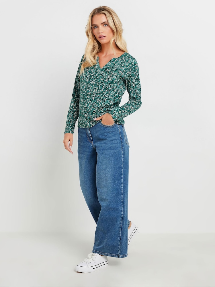 M&Co Green Petite Ditsy Notch Neck 100% Cotton Top - Image 2 of 5