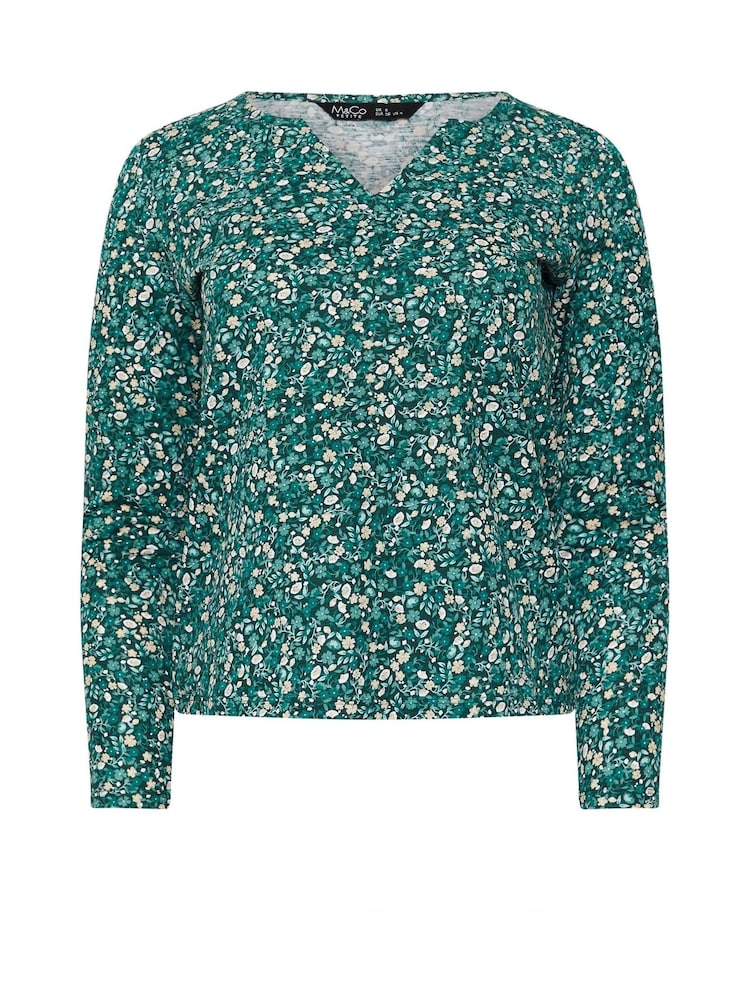 M&Co Green Petite Ditsy Notch Neck 100% Cotton Top - Image 5 of 5