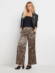PixieGirl Petite Brown Leopard Print Satin Wide Leg Brown Trousers - Image 1 of 5