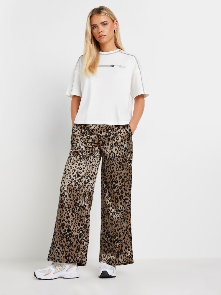 PixieGirl Petite Brown Leopard Print Satin Wide Leg Brown Trousers - Image 2 of 5
