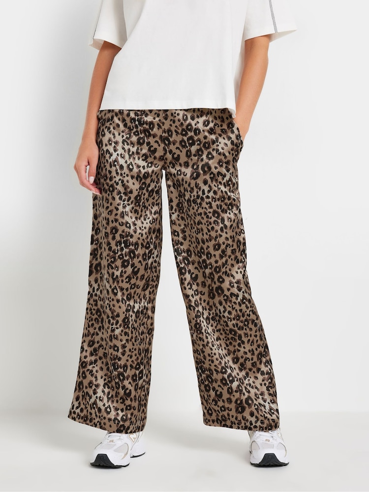 PixieGirl Petite Brown Leopard Print Satin Wide Leg Brown Trousers - Image 3 of 5