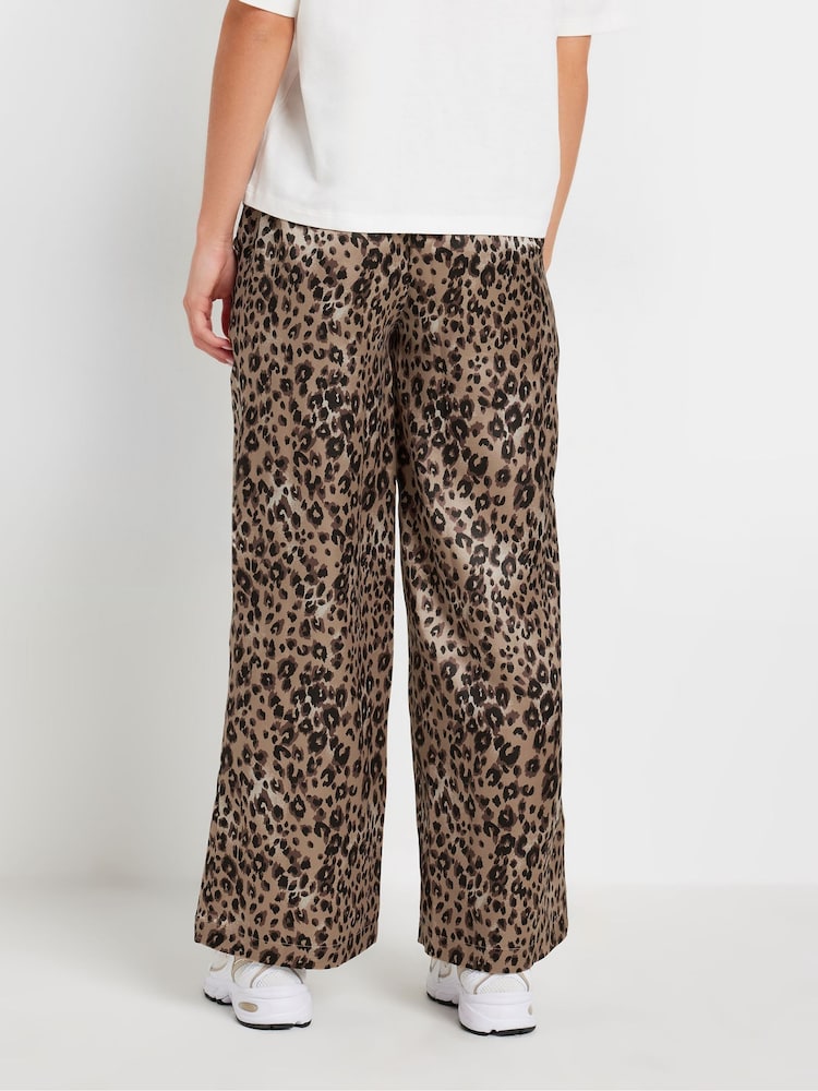 PixieGirl Petite Brown Leopard Print Satin Wide Leg Brown Trousers - Image 4 of 5