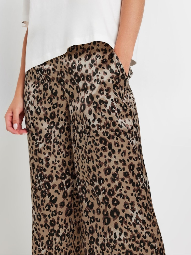 PixieGirl Petite Brown Leopard Print Satin Wide Leg Brown Trousers - Image 5 of 5