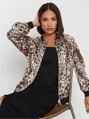 PixieGirl Petite Brown Animal Print Satin Bomber Jacket - Image 1 of 5