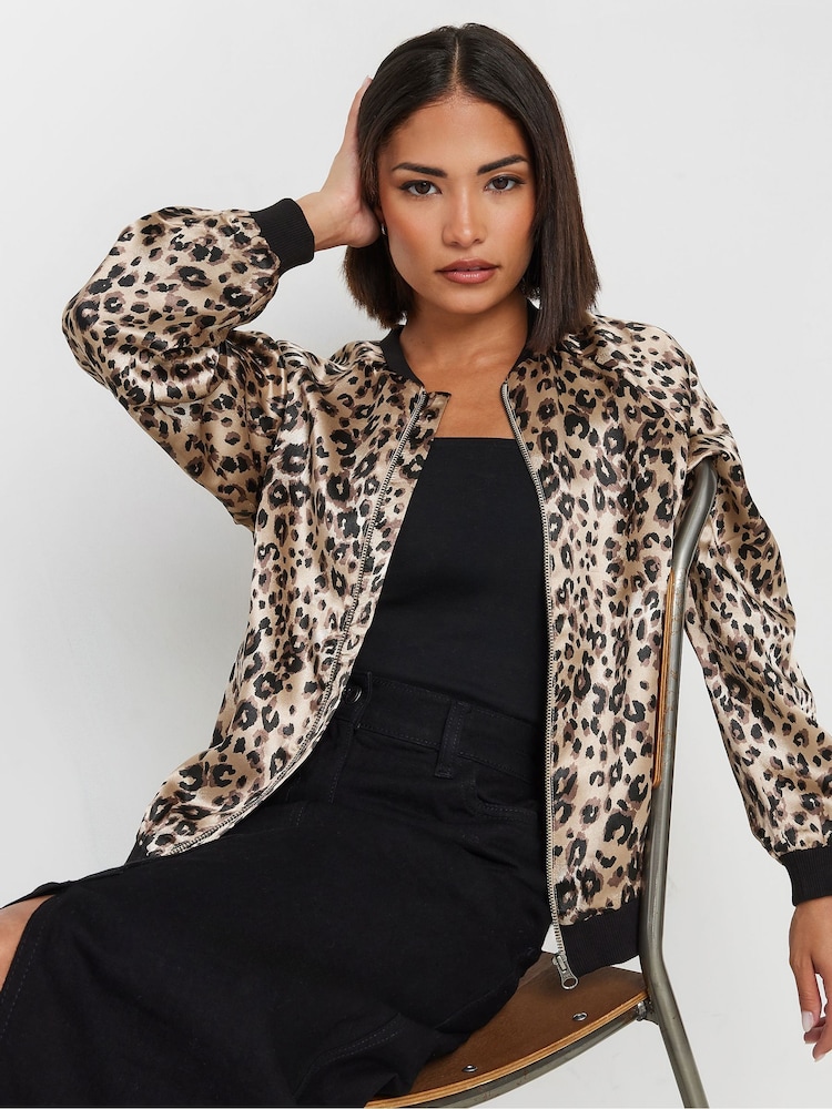 PixieGirl Petite Brown Animal Print Satin Bomber Jacket - Image 1 of 5