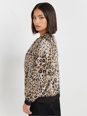 PixieGirl Petite Brown Animal Print Satin Bomber Jacket - Image 3 of 5