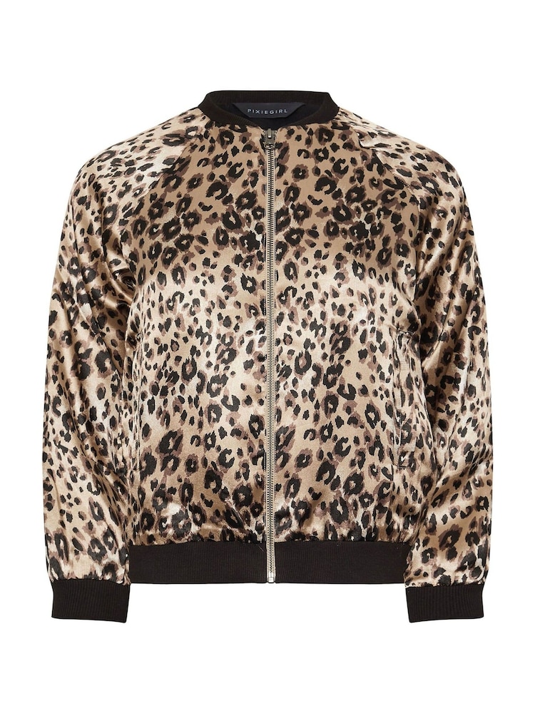 PixieGirl Petite Brown Animal Print Satin Bomber Jacket - Image 5 of 5