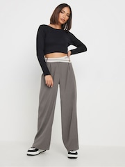 PixieGirl Petite Grey Contrast Waist Wide Leg Trousers - Image 1 of 5