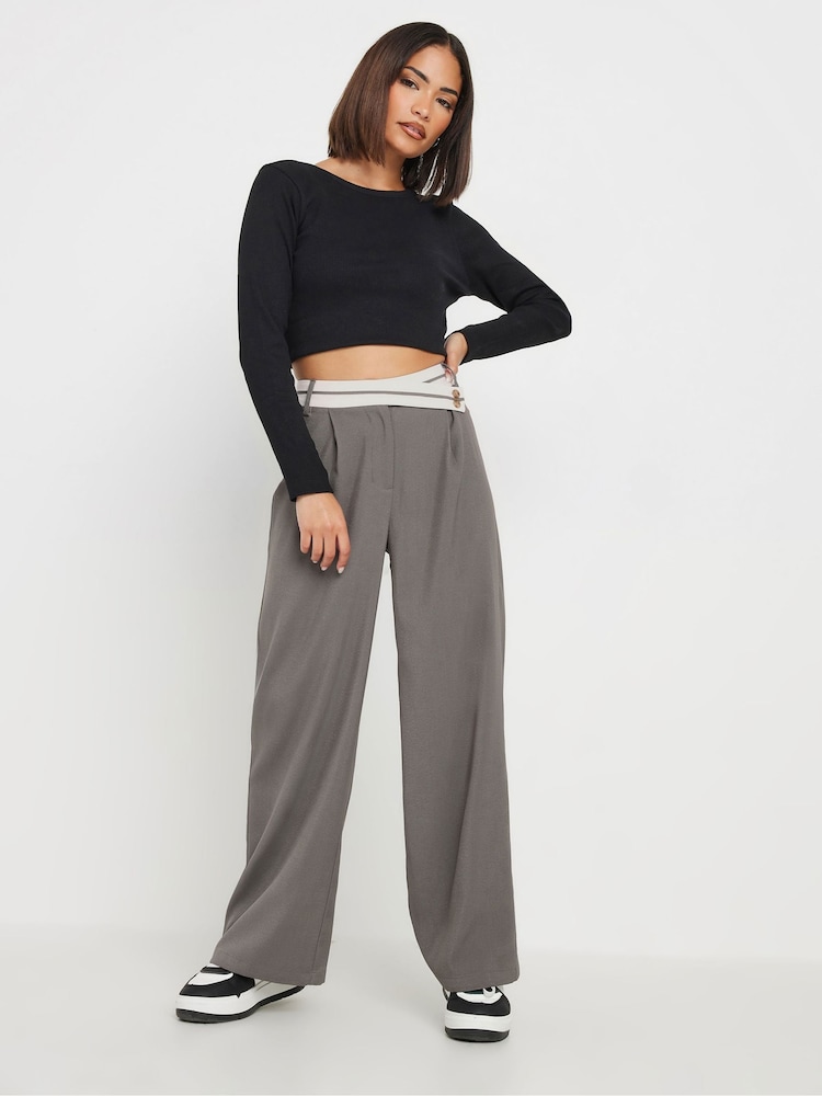 PixieGirl Petite Grey Contrast Waist Wide Leg Trousers - Image 1 of 5