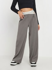 PixieGirl Petite Grey Contrast Waist Wide Leg Trousers - Image 2 of 5