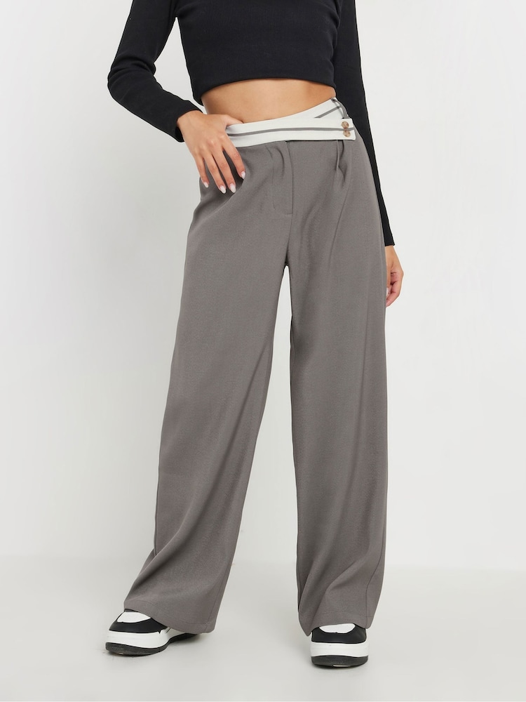 PixieGirl Petite Grey Contrast Waist Wide Leg Trousers - Image 2 of 5