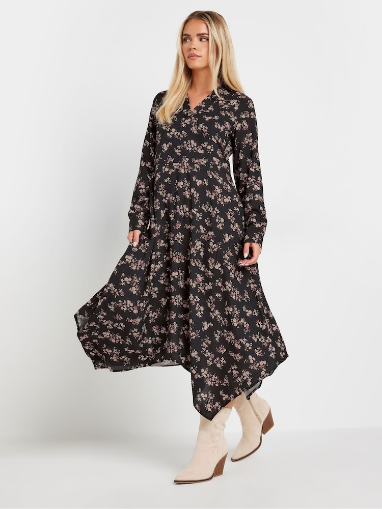 PixieGirl Petite Black Ditsy Hanky Hem Maxi Dress - Image 1 of 5