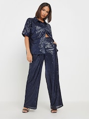 PixieGirl Petite Blue Sequin Wide Leg Trousers - Image 1 of 5