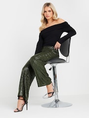 PixieGirl Petite Green Sequin Wide Leg Trousers - Image 1 of 5