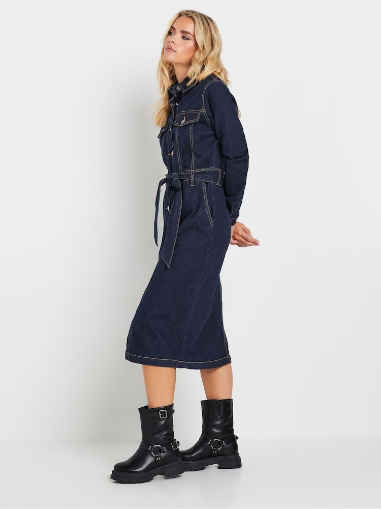 PixieGirl Petite Blue Button Through Belted Dress - Image 1 of 5
