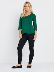 M&Co Green Petite 3/4 Sleeve Henley 100% Cotton Top - Image 3 of 5