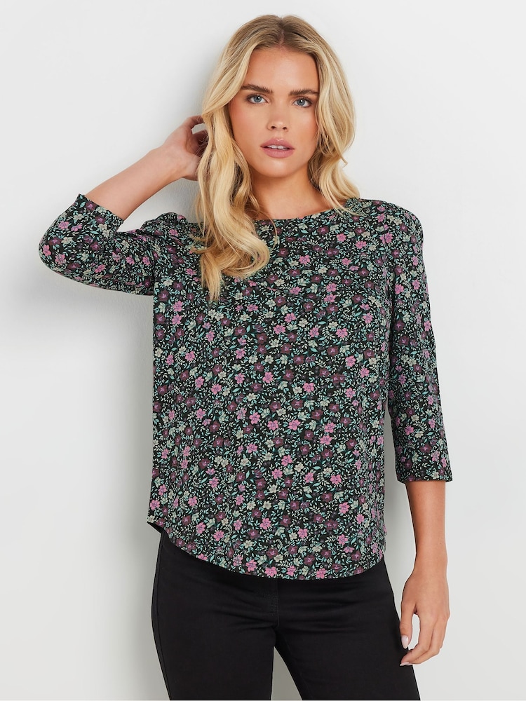 M&Co Black Petite Floral 100% Cotton Top - Image 1 of 5