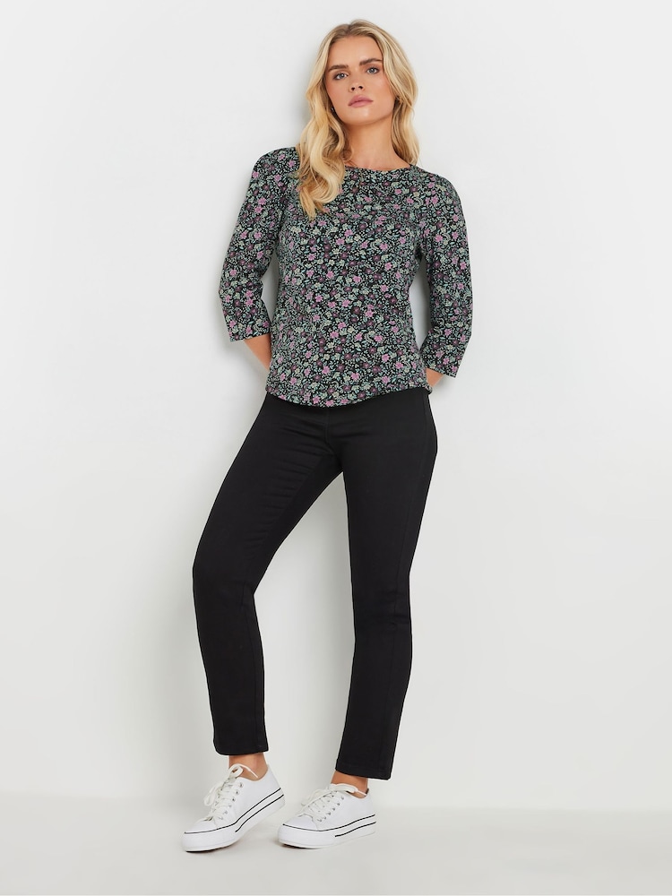 M&Co Black Petite Floral 100% Cotton Top - Image 2 of 5