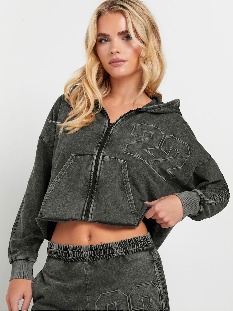 PixieGirl Petite Grey 100% Cotton Zip Acid Wash Hoodie - Image 1 of 6