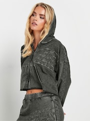 PixieGirl Petite Grey 100% Cotton Zip Acid Wash Hoodie - Image 2 of 6