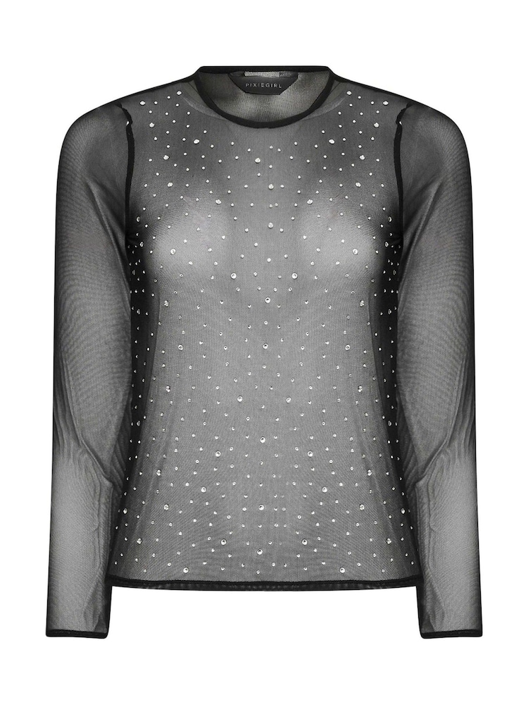 PixieGirl Petite Black Mesh Diamante Top - Image 5 of 5