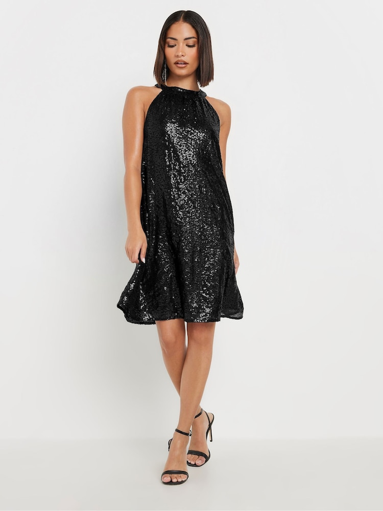 PixieGirl Petite Black Sequin Halter Swing Dress - Image 2 of 5