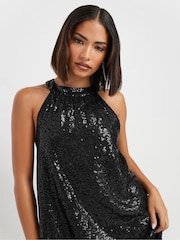 PixieGirl Petite Black Sequin Halter Swing Dress - Image 4 of 5