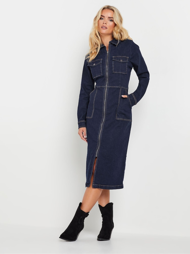 PixieGirl Petite Blue Patch Pocket Zip Denim Dress - Image 2 of 5