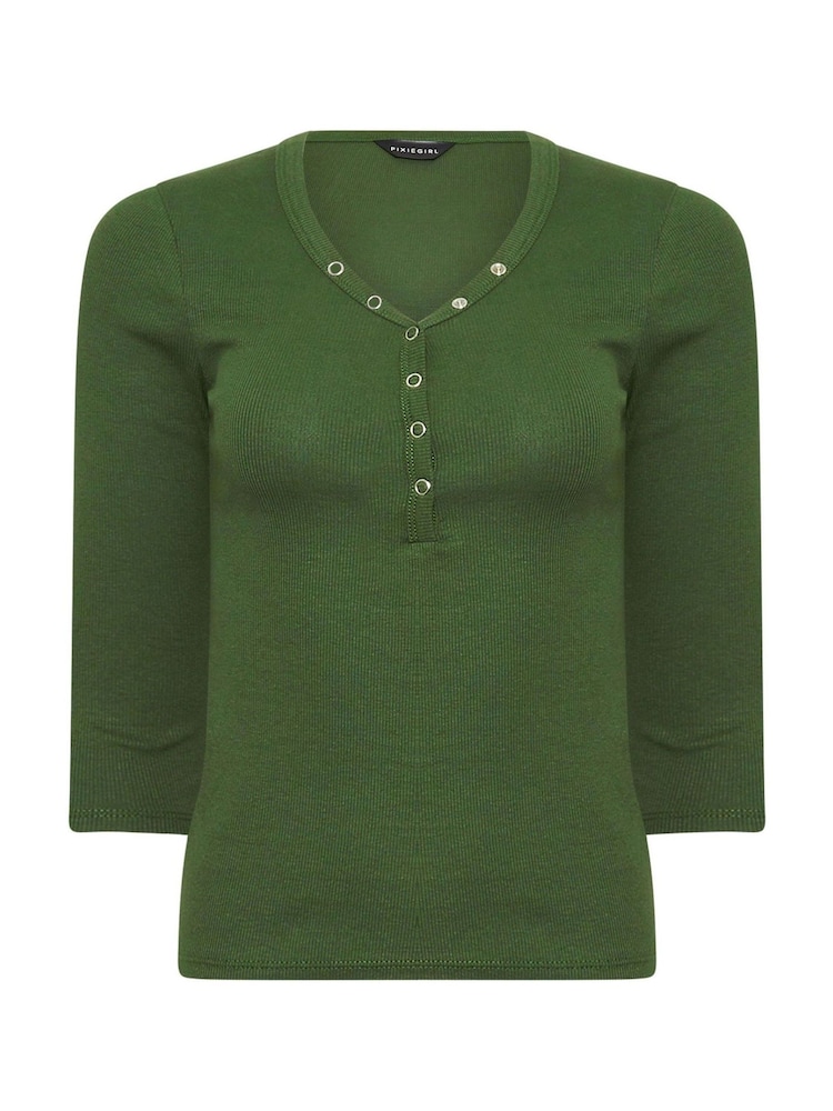 PixieGirl Petite Green Long Sleeve Henley Top - Image 5 of 5