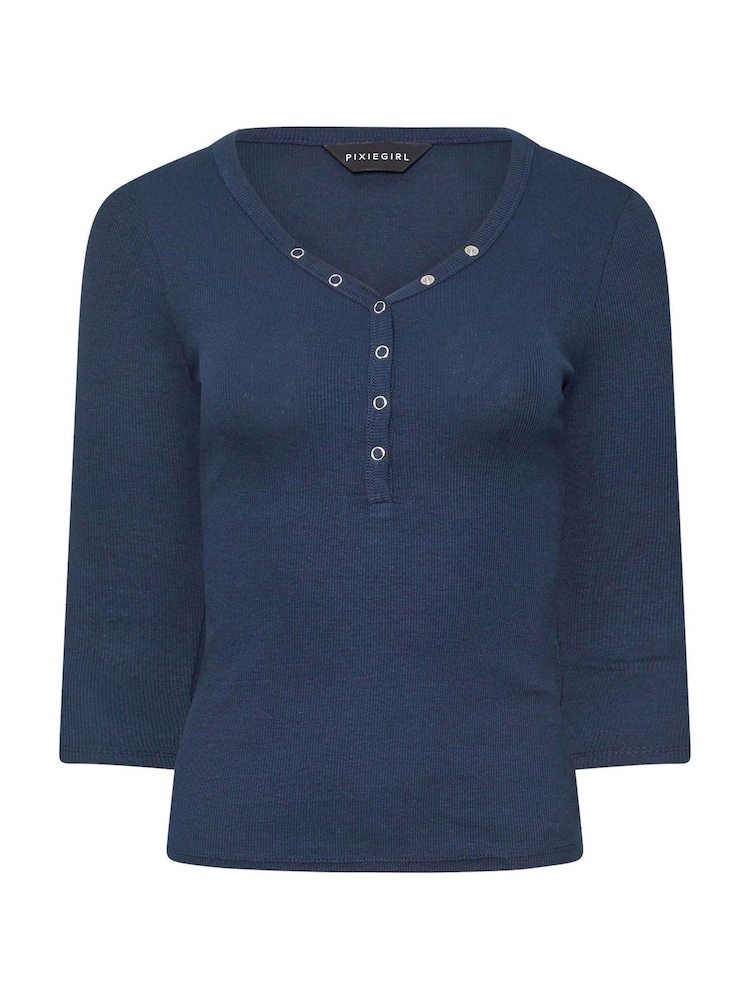 PixieGirl Petite Blue Long Sleeve Henley Top - Image 5 of 5